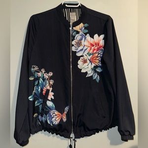 Chicos Floral Reservable Bomber Jacket